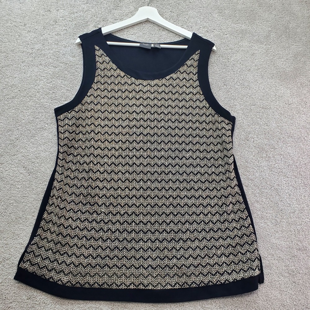 Chico's Travelers Tank Top XL Womens 3 Black Gold Woven Chevron Crochet Slinky